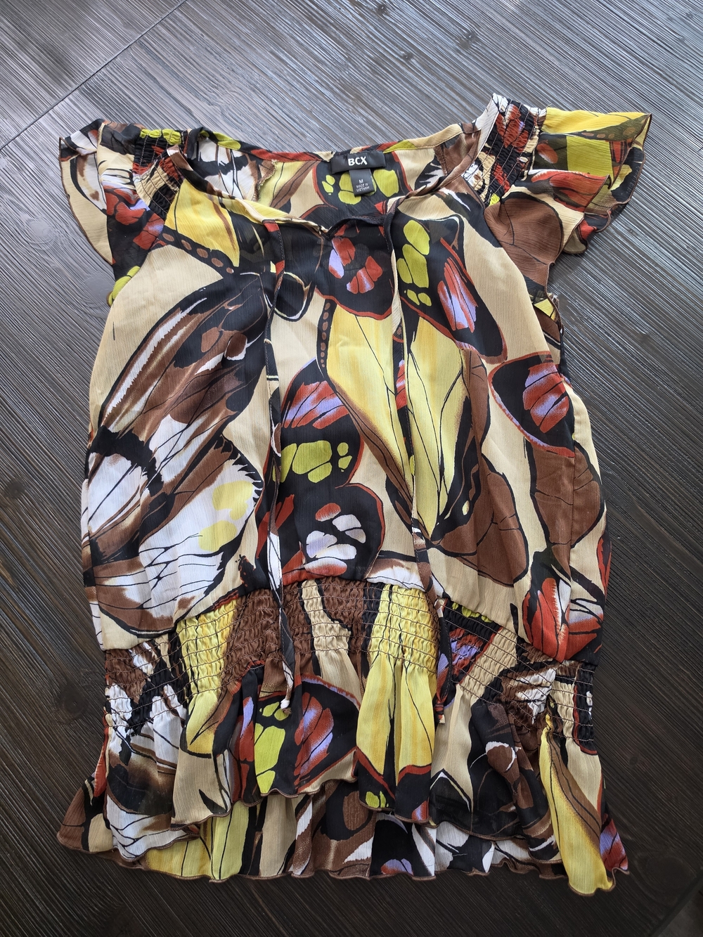 BCX Yellow Brown Floral Flutter-Sleeve Blouse